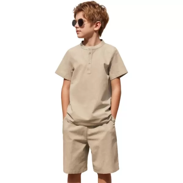 Arshiner Boy's 2 Pieces Cotton Linen Set Casual Henley Shirts Short Sleeve Beach Shorts Summer Outfits for 5-12 Years Kids