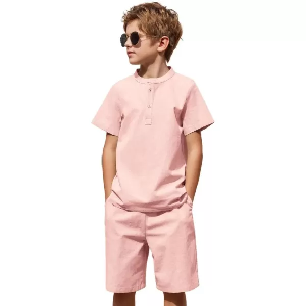 Arshiner Boy's 2 Pieces Cotton Linen Set Casual Henley Shirts Short Sleeve Beach Shorts Summer Outfits for 5-12 Years Kids