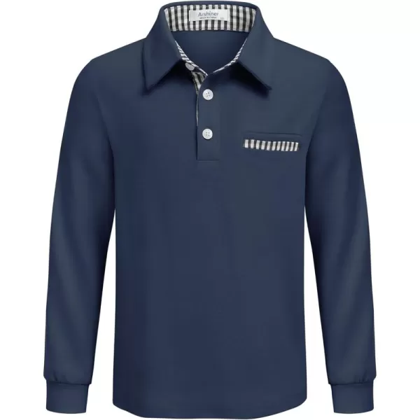 Arshiner Boy's Long Sleeve Plaid Trim Polo Shirt with Pocket for 4-12 Years