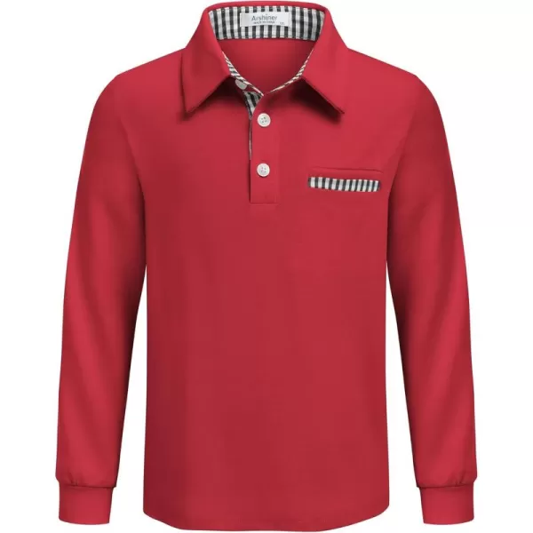 Arshiner Boy's Long Sleeve Plaid Trim Polo Shirt with Pocket for 4-12 Years