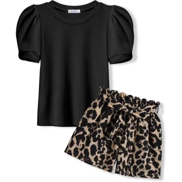 Arshiner Girls 2 Piece Summer Outfits Knit Twist Puff Sleeve Top and High Waist Paper Bag Shorts Set with Pockets