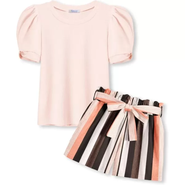 Arshiner Girls 2 Piece Summer Outfits Knit Twist Puff Sleeve Top and High Waist Paper Bag Shorts Set with Pockets