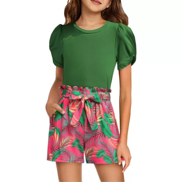 Arshiner Girls 2 Piece Summer Outfits Knit Twist Puff Sleeve Top and High Waist Paper Bag Shorts Set with Pockets