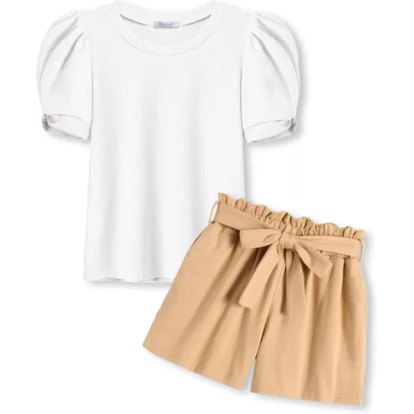 Arshiner Girls 2 Piece Summer Outfits Knit Twist Puff Sleeve Top and High Waist Paper Bag Shorts Set with Pockets