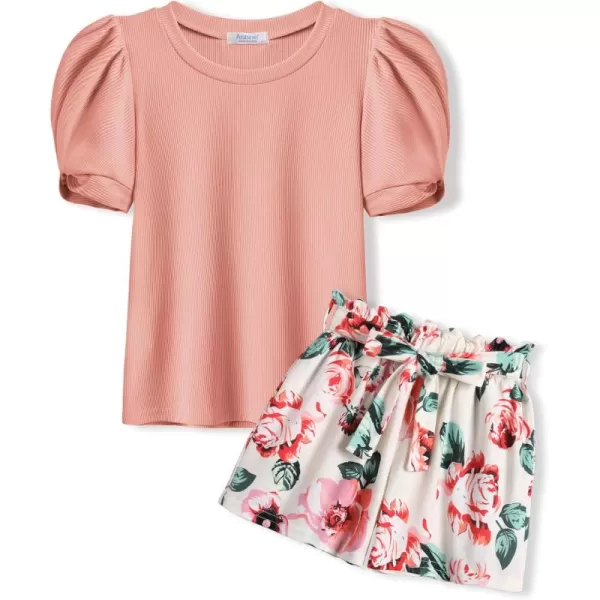 Arshiner Girls 2 Piece Summer Outfits Knit Twist Puff Sleeve Top and High Waist Paper Bag Shorts Set with Pockets