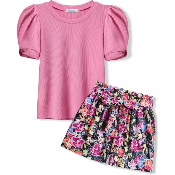 Arshiner Girls 2 Piece Summer Outfits Knit Twist Puff Sleeve Top and High Waist Paper Bag Shorts Set with Pockets