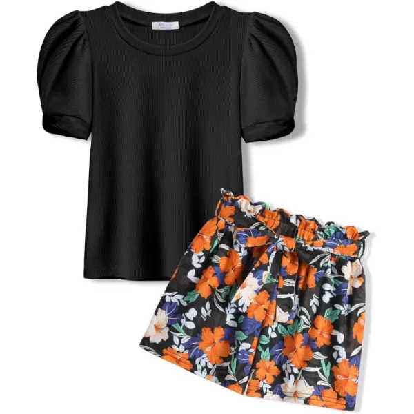 Arshiner Girls 2 Piece Summer Outfits Knit Twist Puff Sleeve Top and High Waist Paper Bag Shorts Set with Pockets