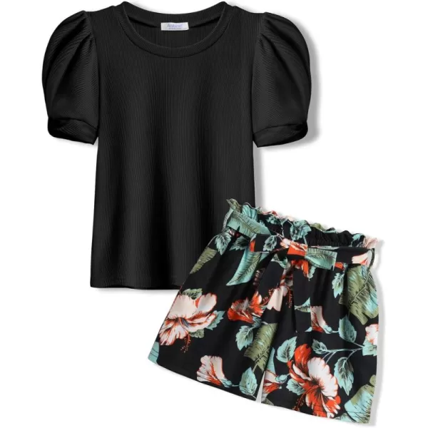 Arshiner Girls 2 Piece Summer Outfits Knit Twist Puff Sleeve Top and High Waist Paper Bag Shorts Set with Pockets