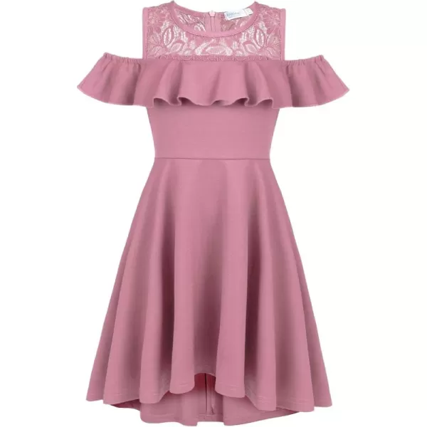 Arshiner Girls Cold Shoulder Ruffle Trim A-lined Lace Party Dress for kids 5-12 Year