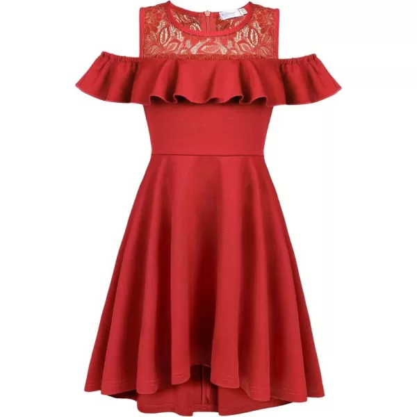Arshiner Girls Cold Shoulder Ruffle Trim A-lined Lace Party Dress for kids 5-12 Year
