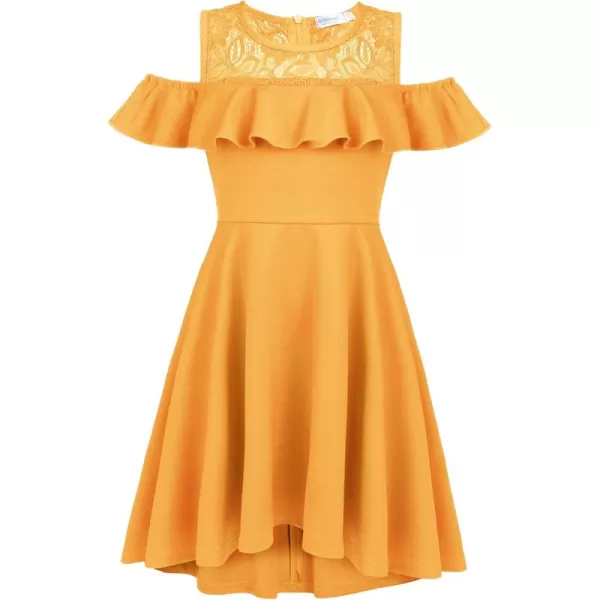 Arshiner Girls Cold Shoulder Ruffle Trim A-lined Lace Party Dress for kids 5-12 Year