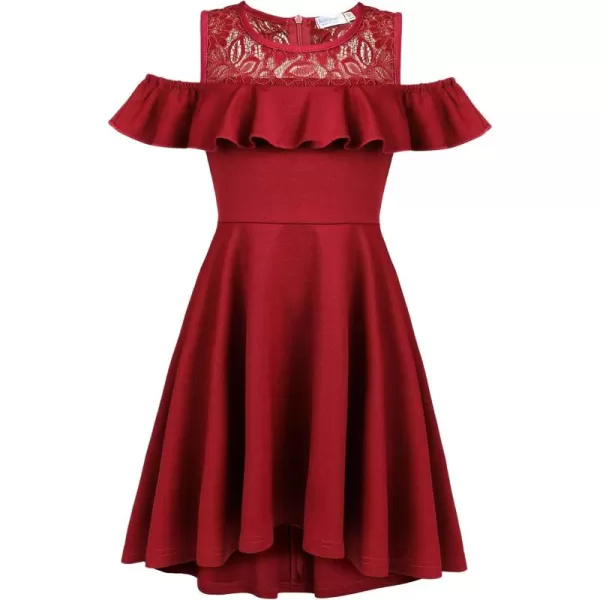 Arshiner Girls Cold Shoulder Ruffle Trim A-lined Lace Party Dress for kids 5-12 Year