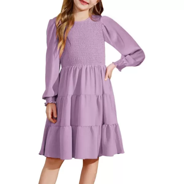 Arshiner Girls Dress Fall Boho Long Sleeve Shirred Smocked Tiered Party Dresses with Pockets
