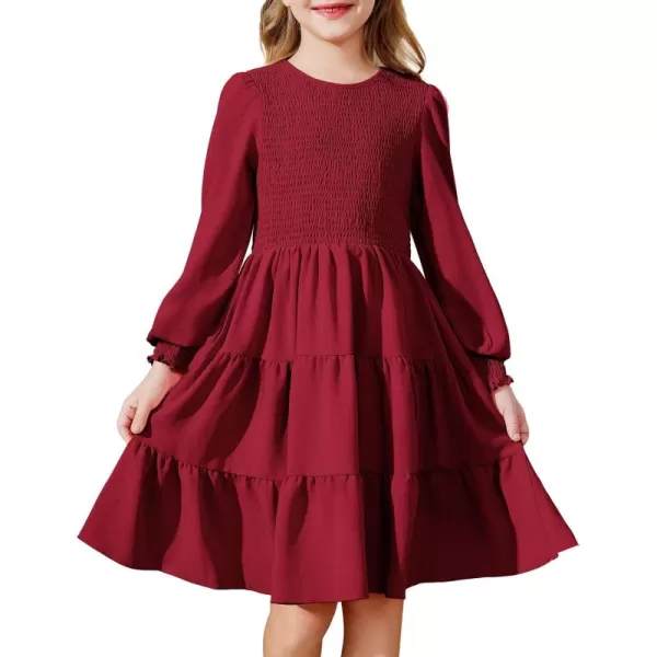 Arshiner Girls Dress Fall Boho Long Sleeve Shirred Smocked Tiered Party Dresses with Pockets