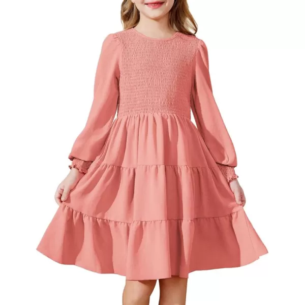 Arshiner Girls Dress Fall Boho Long Sleeve Shirred Smocked Tiered Party Dresses with Pockets