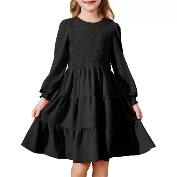 Arshiner Girls Dress Fall Boho Long Sleeve Shirred Smocked Tiered Party Dresses with Pockets