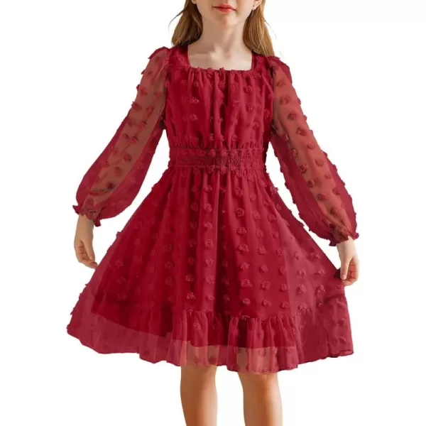 Arshiner Girls Dresses Long Sleeve Square Neck Swiss Dot Casual Flowy Dress