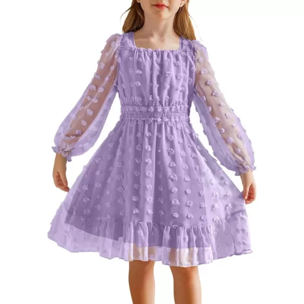 Arshiner Girls Dresses Long Sleeve Square Neck Swiss Dot Casual Flowy Dress