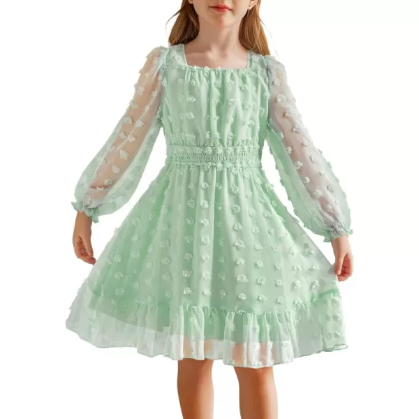 Arshiner Girls Dresses Long Sleeve Square Neck Swiss Dot Casual Flowy Dress