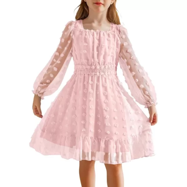 Arshiner Girls Dresses Long Sleeve Square Neck Swiss Dot Casual Flowy Dress