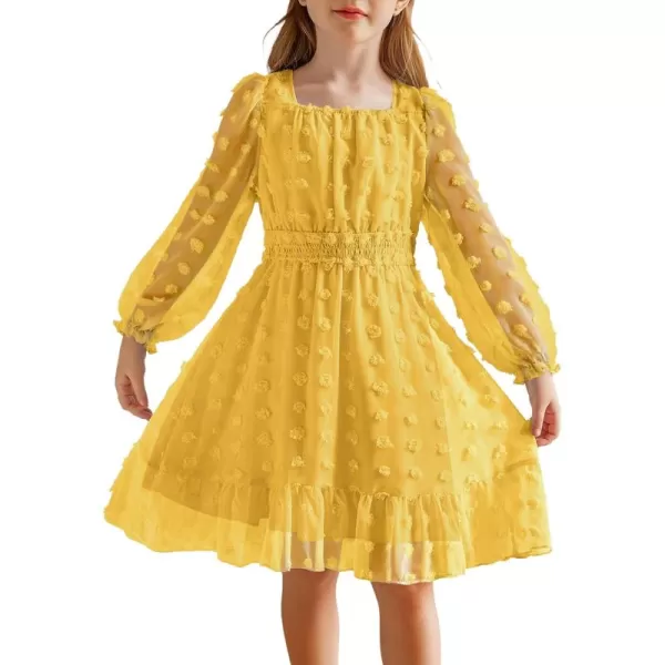 Arshiner Girls Dresses Long Sleeve Square Neck Swiss Dot Casual Flowy Dress