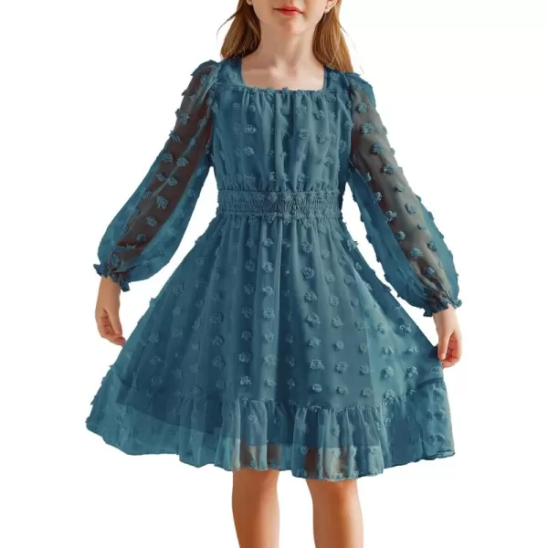 Arshiner Girls Dresses Long Sleeve Square Neck Swiss Dot Casual Flowy Dress
