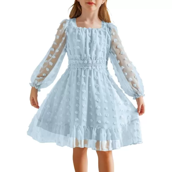 Arshiner Girls Dresses Long Sleeve Square Neck Swiss Dot Casual Flowy Dress