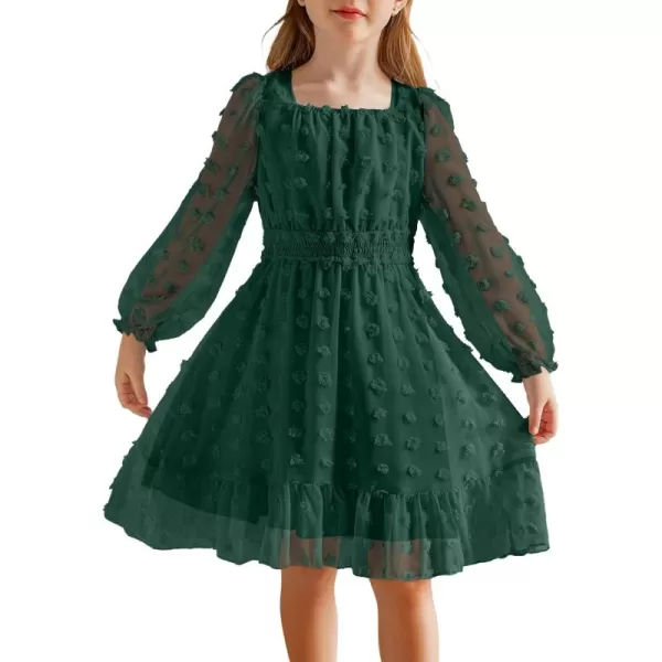 Arshiner Girls Dresses Long Sleeve Square Neck Swiss Dot Casual Flowy Dress