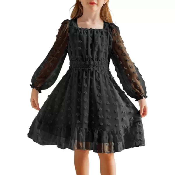Arshiner Girls Dresses Long Sleeve Square Neck Swiss Dot Casual Flowy Dress