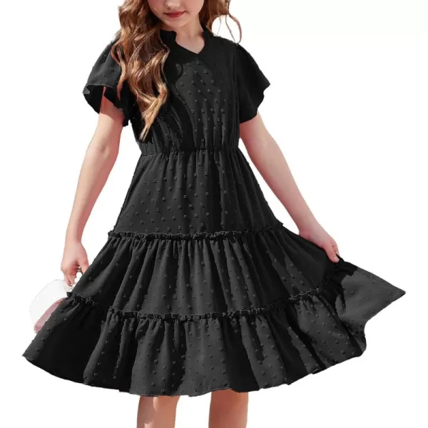 Arshiner Girls Dresses Summer Ruffle Sleeve Swiss Dot V Neck Twirl Birthday Party Midi Dress with Pockets