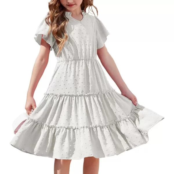 Arshiner Girls Dresses Summer Ruffle Sleeve Swiss Dot V Neck Twirl Birthday Party Midi Dress with Pockets