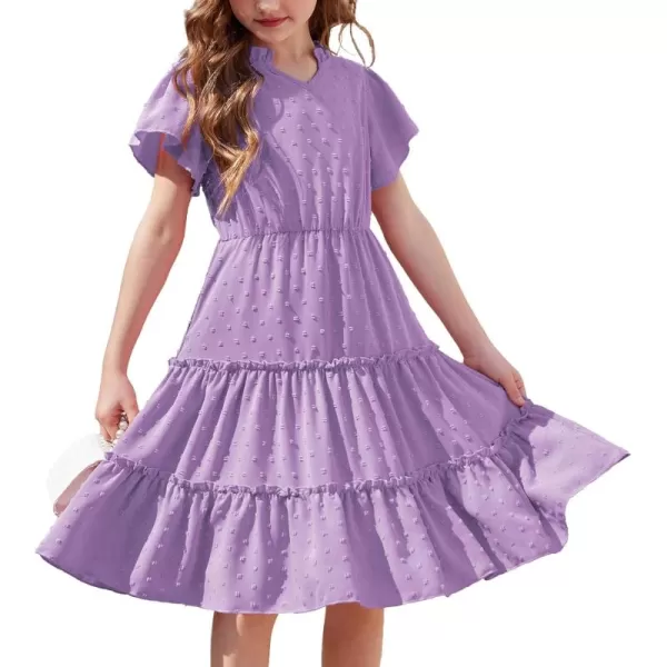 Arshiner Girls Dresses Summer Ruffle Sleeve Swiss Dot V Neck Twirl Birthday Party Midi Dress with Pockets