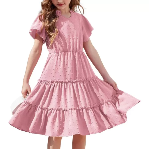 Arshiner Girls Dresses Summer Ruffle Sleeve Swiss Dot V Neck Twirl Birthday Party Midi Dress with Pockets