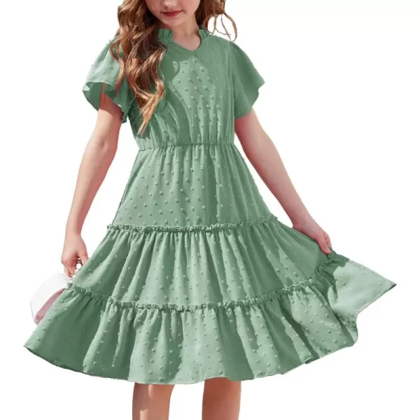 Arshiner Girls Dresses Summer Ruffle Sleeve Swiss Dot V Neck Twirl Birthday Party Midi Dress with Pockets