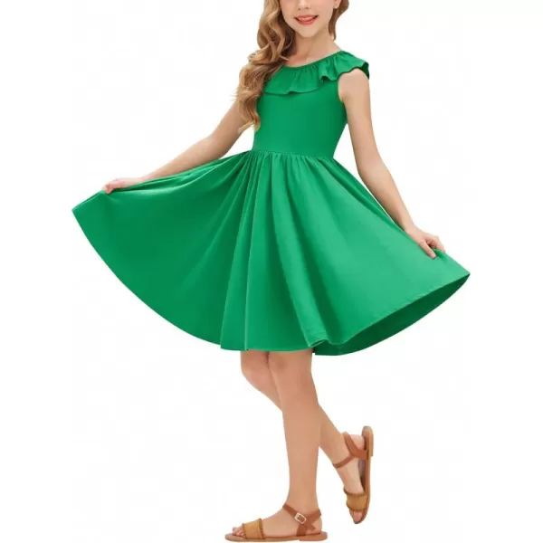 Arshiner Girls Ruffle Trim Neckline Dress A-Line Swing Casual Skater Dresses with Pockets 4-11 Years