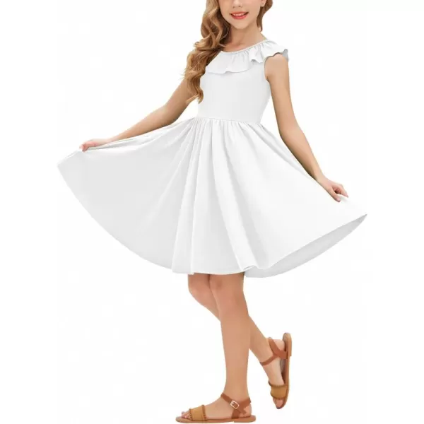 Arshiner Girls Ruffle Trim Neckline Dress A-Line Swing Casual Skater Dresses with Pockets 4-11 Years