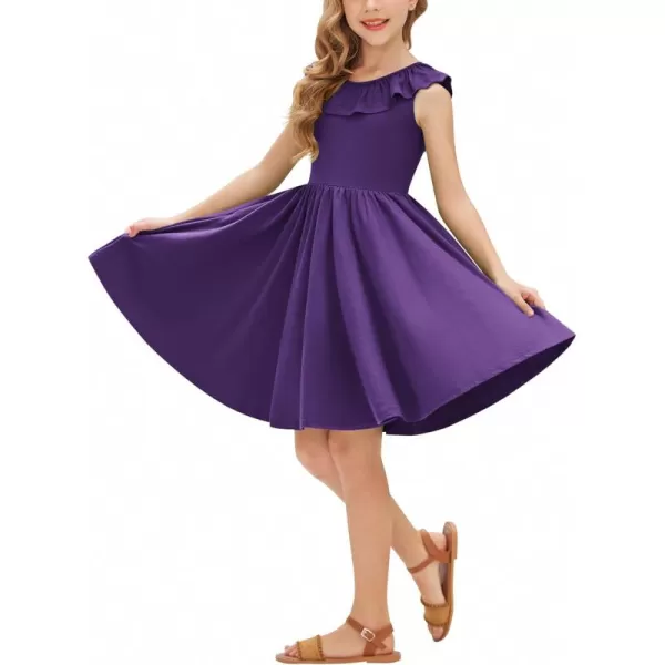 Arshiner Girls Ruffle Trim Neckline Dress A-Line Swing Casual Skater Dresses with Pockets 4-11 Years