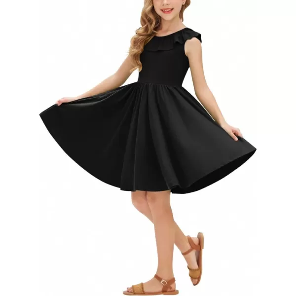 Arshiner Girls Ruffle Trim Neckline Dress A-Line Swing Casual Skater Dresses with Pockets 4-11 Years