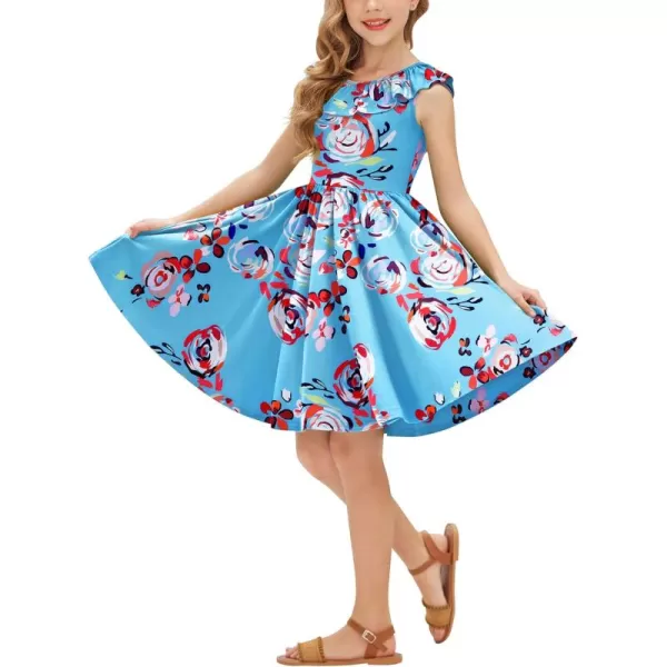 Arshiner Girls Ruffle Trim Neckline Dress A-Line Swing Casual Skater Dresses with Pockets 4-11 Years