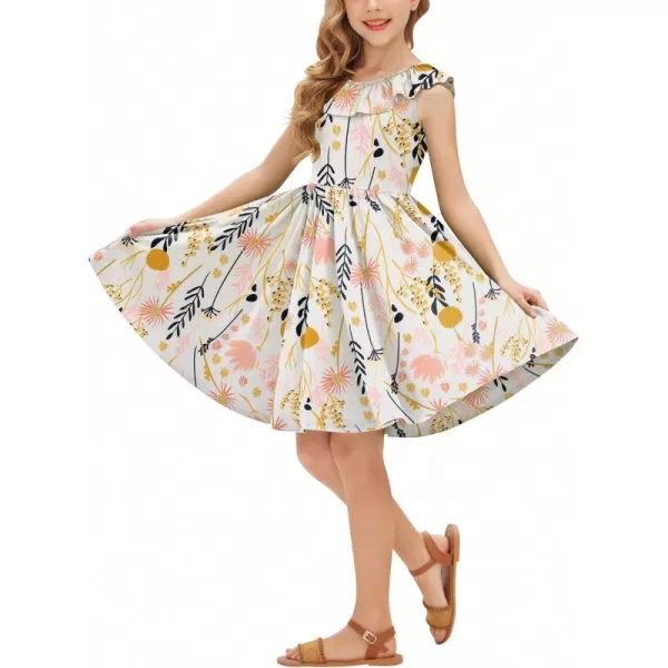 Arshiner Girls Ruffle Trim Neckline Dress A-Line Swing Casual Skater Dresses with Pockets 4-11 Years