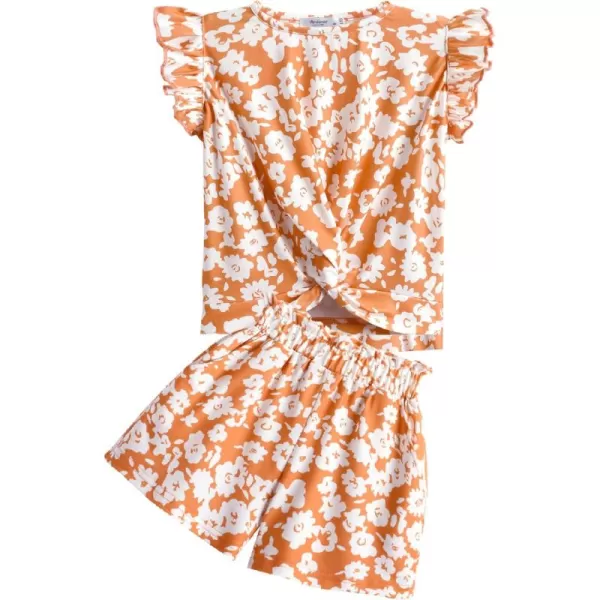 Arshiner Girls Shorts Sets 2 Pieces Outfits Twist Front Ruffle Sleeve T-Shirts and Shorts With Pockets Cute Clothes Sets