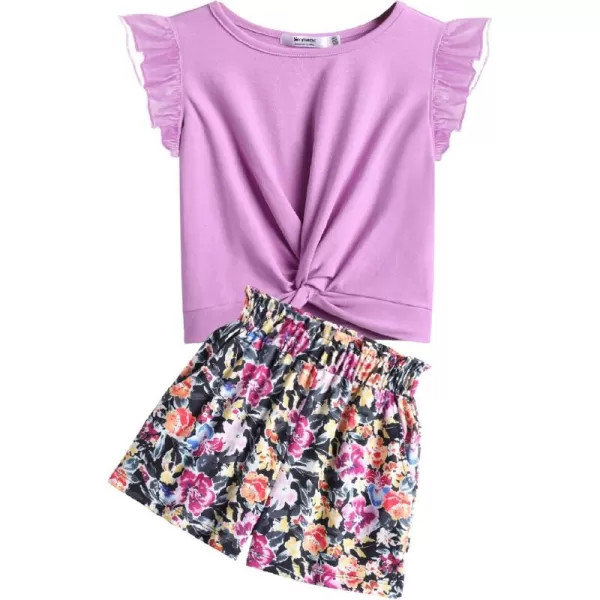 Arshiner Girls Shorts Sets 2 Pieces Outfits Twist Front Ruffle Sleeve T-Shirts and Shorts With Pockets Cute Clothes Sets