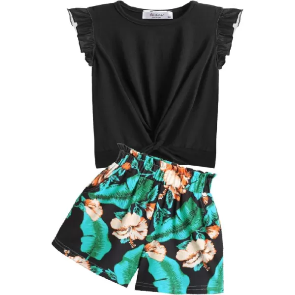 Arshiner Girls Shorts Sets 2 Pieces Outfits Twist Front Ruffle Sleeve T-Shirts and Shorts With Pockets Cute Clothes Sets