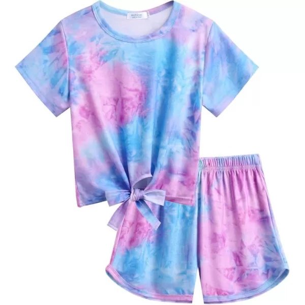 Arshiner Girls Summer Shorts Set Kids 2Pcs Tie Dye Sport T-Shirt and Shorts Set Floral Print Clothing Sets