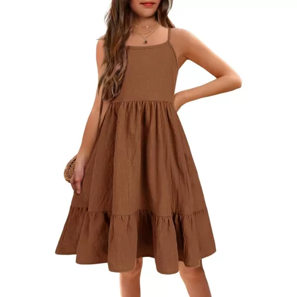 Arshiner Girl's Summer Sundress Spaghetti Strap Solid Linen Midi Dress Casual Cami Dresses