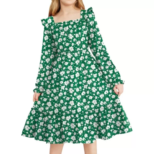 Arshiner Girls Trendy Long Sleeve Ruffle Hem Elastic Waist Cute Elegant Midi Dresses 6-13 Years