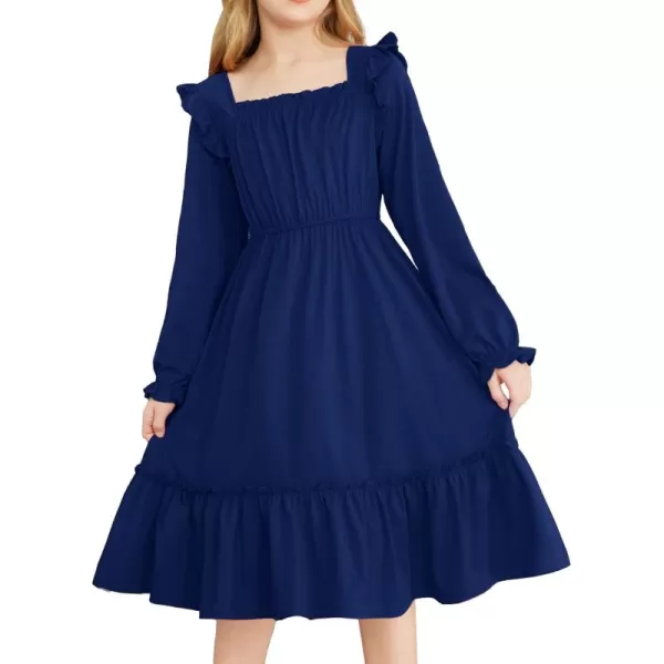 Arshiner Girls Trendy Long Sleeve Ruffle Hem Elastic Waist Cute Elegant Midi Dresses 6-13 Years