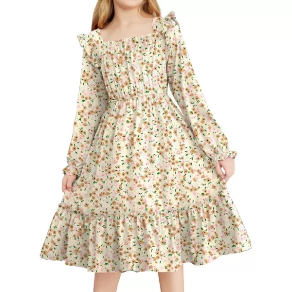 Arshiner Girls Trendy Long Sleeve Ruffle Hem Elastic Waist Cute Elegant Midi Dresses 6-13 Years