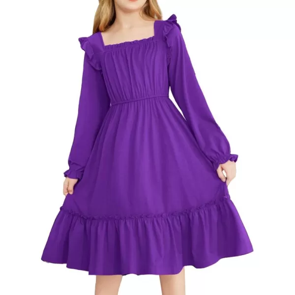 Arshiner Girls Trendy Long Sleeve Ruffle Hem Elastic Waist Cute Elegant Midi Dresses 6-13 Years