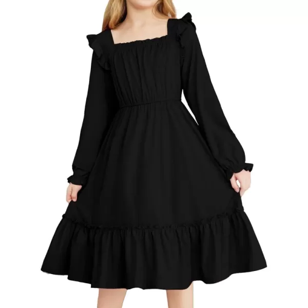 Arshiner Girls Trendy Long Sleeve Ruffle Hem Elastic Waist Cute Elegant Midi Dresses 6-13 Years